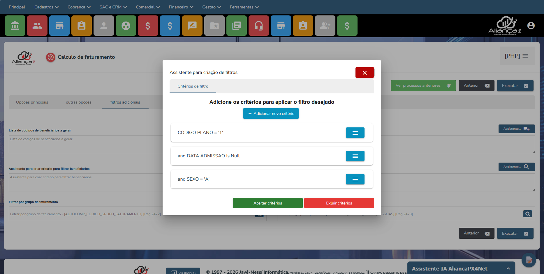 Assistente para filtros e processos