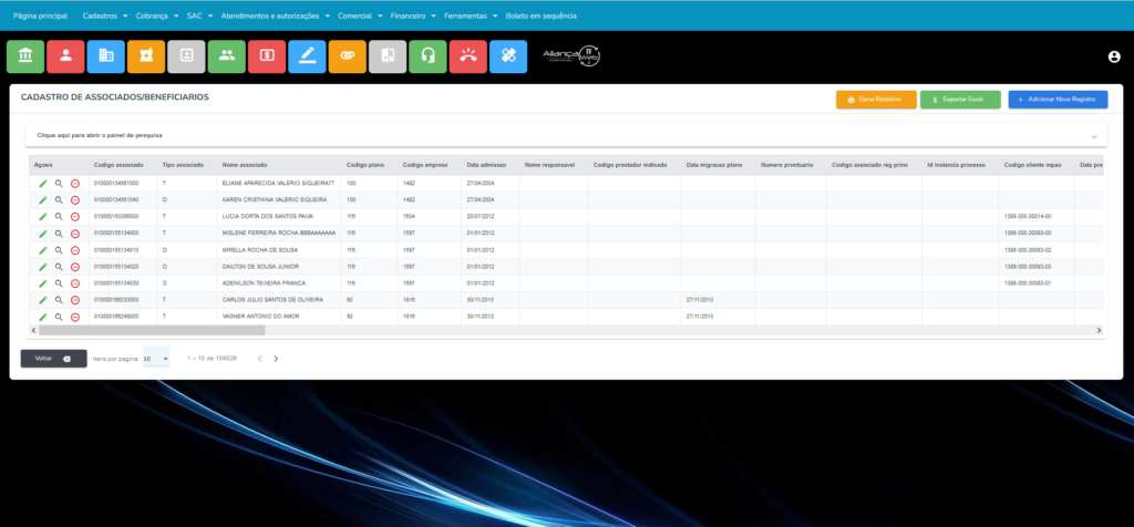 Tela de cadastro do sistema Aliança PX